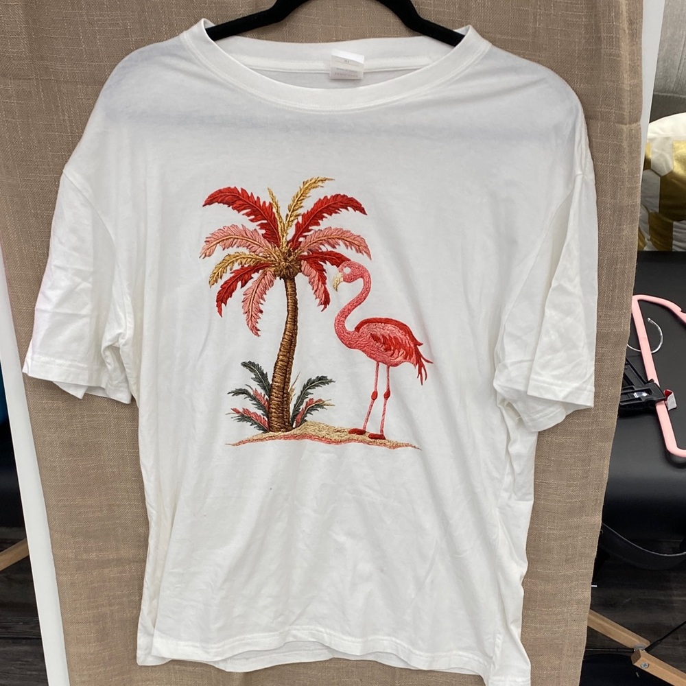 White Tee with Embroidered Pink Flamingo & Palm